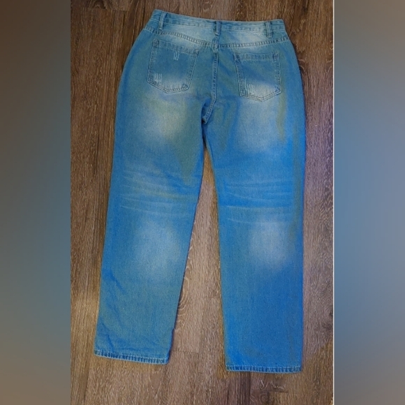 Button Front Straight Leg Medium Wash Distressed Jeans Size 14 Denim High Rise - Picture 8 of 9